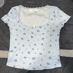 Pink Rose Blue Fitted Blouse with Lace Trim